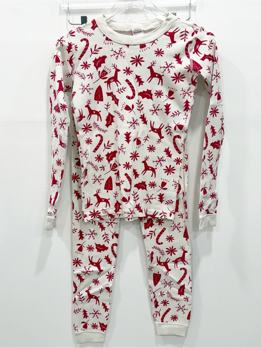 Hanna Andersson Scandi Deer Print Pajama Set Long John 14 Reindeer Snowflake Red